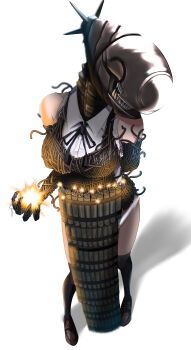 1girl absurdres apron black_apron black_gloves black_thighhighs bomb_devil_(chainsaw_man) chainsaw_man ci7hi9n03 collared_shirt dynamite elbow_gloves explosive gloves highres imminent_explosion lit_fuse loafers object_head shadow shirt shoes simple_background sleeveless sleeveless_shirt solo thighhighs white_background white_shirt