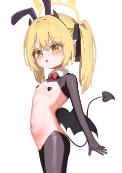 1girl absurdres alternate_costume animal_ears black_hiphighs black_horns black_shrug black_tail black_wings blue_archive collared_shrug commentary cowboy_shot demon_girl demon_horns demon_tail demon_wings fake_animal_ears flat_chest frontless_outfit halo heart_maebari heart_pasties highres hiphighs horns ibuki_(blue_archive) loli looking_at_viewer low_wings maebari open_mouth pasties rabbit_ears reverse_bunnysuit reverse_outfit shrug_(clothing) tail white_background wings yellow_halo ynaru1203