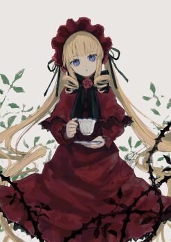 1girl :o black_bow black_bowtie black_lace_trim blue_eyes bonnet bow bowtie capelet cup dress drill_hair flower frilled_sleeves frills hat hat_ribbon head_tilt highres holding holding_cup lolita_fashion long_hair looking_at_viewer omochi169_k puffy_sleeves quad_drills red_bonnet red_capelet red_dress red_flower red_rose ribbon rose rozen_maiden shinku solo twintails very_long_hair