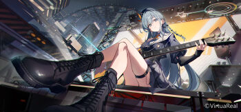 1girl boots braid copyright_notice crossed_legs foreshortening grey_eyes grey_hair guitar hat head_tilt highres instrument kago_(wall_io) lace-up_boots long_hair making-of_available nagisa_(virtuareal) nijisanji perspective playing_guitar playing_instrument pleated_skirt scaffolding sitting skirt solo stage stage_lights virtual_youtuber virtuareal