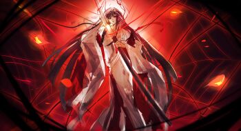 1girl absurdres black_hair bridal_veil commentary_request highres holding holding_sheath holding_sword holding_weapon japanese_clothes katana kimono limbus_company long_hair long_sleeves looking_at_viewer open_mouth project_moon red_eyes ryoshu_(project_moon) sheath shiromuku silk sixgod solo spider_web sword uchikake veil wataboushi weapon white_kimono wide_sleeves