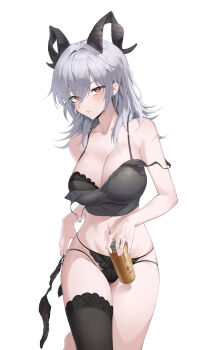 1girl absurdres bare_shoulders black_bra black_horns black_panties black_thighhighs bra bra_peek breasts camisole can cleavage collarbone commentary cowboy_shot curled_horns double_strap_slip drink_can grey_camisole grey_hair hair_between_eyes highres holding holding_can holding_unworn_clothes horns large_breasts light_blush long_hair looking_at_viewer luya_(luyachan) navel no_pants panties parted_lips red_eyes simple_background single_thighhigh solo stomach thighhighs thighs underwear white_background wuthering_waves zani_(wuthering_waves)