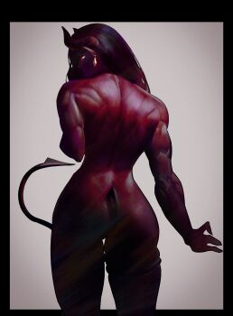 1girl absurdres ass back back_muscles colored_skin demon demon_girl demon_horns demon_tail dispatch facing_away glowing glowing_eyes highres horns looking_at_viewer looking_back malevola_(dispatch) nude red_skin simple_background solo tail the_antin