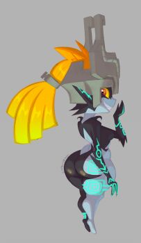 1girl ass black_skin breasts captainmolasses colored_sclera colored_skin commentary english_commentary full_body gradient_hair grin helmet highres huge_ass long_hair midna multicolored_hair multicolored_skin nintendo orange_hair pointy_ears red_eyes simple_background smile the_legend_of_zelda the_legend_of_zelda:_twilight_princess thick_thighs thighs two-tone_skin wide_hips yellow_sclera