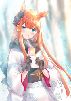 Rule 34 | 1girl, absurdres, animal ears, black gloves, blue eyes, blunt bangs, blush, commentary request, flower, fur-trimmed kimono, fur trim, gloves, green eyes, hair flower, hair ornament, highres, hime cut, holding, holding omikuji, horse ears, horse girl, japanese clothes, kimono, long hair, long sleeves, looking at viewer, new year, obi, omikuji, orange hair, parted lips, sasaminiku (chickenbstrips), sash, silence suzuka (umamusume), smile, solo, umamusume, white kimono