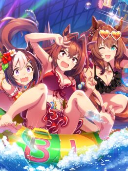 3girls absurdres animal_ears aqua_eyes arm_behind_head artist_request bare_arms bare_legs bare_shoulders barefoot bead_necklace beads bikini bikini_ribbon bikini_skirt black_bikini bow breasts brown_hair chain chain_necklace cleavage collarbone daiwa_scarlet_(mini_vacation)_(umamusume) daiwa_scarlet_(umamusume) detached_sleeves eyewear_on_head fang feet_out_of_frame floating_hair flower frilled_bikini frilled_sleeves frills full_body game_cg gem glint gold_necklace hair_beads hair_between_eyes hair_bobbles hair_bow hair_flower hair_intakes hair_ornament hairclip hand_on_another&#039;s_hip hibiscus highres horse_ears horse_girl horse_tail innertube jewelry knees large_breasts leaf light_blush long_hair maruzensky_(hot_summer_night)_(umamusume) maruzensky_(umamusume) miniskirt multicolored_hair multiple_girls navel necklace nervous_smile night official_alternate_costume official_art one_eye_closed open_mouth outdoors parallel_hairclips pink_eyes plaid_bikini plaid_clothes ponytail puffy_short_sleeves puffy_sleeves purple_eyes raised_inner_eyebrows red_bikini red_bow red_flower red_gemstone red_ribbon red_skirt ribbon scared short_hair short_sleeves sign skin_fang skirt smile special_week_(hopp&#039;n_happy_heart)_(umamusume) special_week_(umamusume) stage_lights stomach streaked_hair sunglasses swim_ring swimsuit tail tareme twintails umamusume v-shaped_eyebrows very_long_hair water_drop wavy_mouth wet white_flower wide-eyed yellow_bikini yellow_sleeves