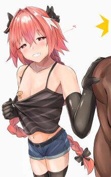 2boys absurdres astolfo_(fate) bandaid bandaids_on_nipples bare_shoulders black_bow blush bow braid camisole clothes_pull collarbone denim denim_shorts elbow_gloves fate/grand_order fate_(series) gloves grin hair_intakes half-closed_eyes heart heart-shaped_pupils highres holding_shoulder long_braid long_hair looking_at_viewer male_focus multiple_boys navel pasties pink_hair ponytail shirt_pull shorts single_braid smile striped symbol-shaped_pupils tchairss thighhighs trap white_background