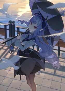 1girl ascot belle_(zenless_zone_zero) bird black_pantyhose black_skirt blurry blurry_background breasts center_frills character_charm charm_(object) commentary drill_hair drill_sidelocks english_commentary frills from_above gem hairband highres holding holding_umbrella looking_at_viewer medium_breasts mole mole_under_eye motion_blur open_mouth outdoors pantyhose pointy_ears purple_ascot purple_gemstone purple_hair purple_hairband red_eyes shirt shrug_(clothing) sidelocks skirt solo standing umbrella umbrella_over_shoulder usamochi. vivian_banshee white_bird white_shirt white_shrug zenless_zone_zero