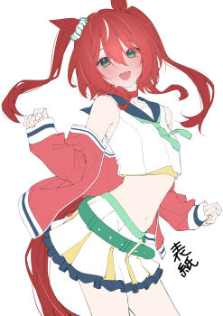 1girl absurdres animal_ears bare_shoulders belt black_sailor_collar blush cheerleader cowboy_shot crop_top cropped_shirt ear_ornament ear_scrunchie frilled_skirt frills green_belt green_eyes green_neckerchief hair_between_eyes hands_up highres horse_ears horse_girl horse_tail kawai_ritsu_(rits_meg) long_hair long_sleeves looking_at_viewer midriff miniskirt navel neckerchief off_shoulder official_alternate_costume open_mouth red_eyes red_hair red_tail sailor_collar sailor_shirt shirt sidelocks simple_background skirt sleeves_past_wrists smile solo tail thighs two_side_up umamusume white_background white_hair white_shirt white_skirt white_streaks win_variation_(umamusume)