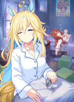 2girls absurdres ahoge alarm_clock alternate_costume animal_ears bails bed bed_sheet blanket box breasts character_doll clock collarbone commentary_request curtains derivative_work desk_lamp doll dorm drooling half-closed_eye highres holding_alarm_clock horse_ears horse_girl lamp long_hair messy_hair multiple_girls neo_universe_(umamusume) on_bed one_eye_closed pajamas partial_commentary pillow poster_(object) revision scene_reference sleeping small_breasts squeans still_in_love_(umamusume) t-head_trainer_(umamusume) trainer_(umamusume) umamusume umamusume:_party_dash under_covers waking_up white_background window