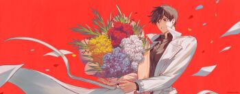 Rule 34 | 1boy, :o, absurdres, black eyes, black hair, black shirt, bouquet, coat, collared shirt, cowboy shot, falling paper, falling petals, flower, hashtag-only commentary, highres, holding, holding bouquet, kim dokja, male focus, omniscient reader's viewpoint, open clothes, open coat, papercider, petals, popped collar, red background, rose, shirt, short hair, sidelighting, simple background, solo, sparkling eyes, white coat, wide-eyed, wide shot, wind, wind lift