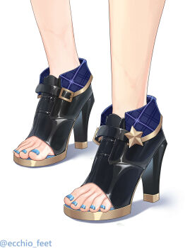 1girl absurdres artist_name blue_nails ecchi-o feet feet_only foot_focus footwear_focus gold_trim high_heels highres hololive hoshimachi_suisei nail_polish open-toe_shoes shadow simple_background solo sweat sweatdrop toenail_polish toenails toes twitter_username virtual_youtuber white_background