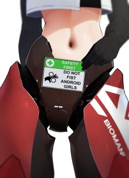 Rule 34 | absurdres, colored skin, cyborg, elbow gloves, eva (the atko), gloves, highres, hip focus, holding, holding sign, mechanical legs, navel, sign, simple background, stomach, the atko, warning sign, white skin