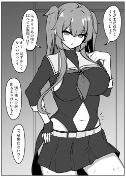 absurdres aged_up breasts clothing_cutout commentary_request fingerless_gloves gloves greyscale highres kantai_collection large_breasts leotard monochrome murasame_(kancolle) murasame_kai_ni_(race_queen)_(kancolle) navel_cutout neckerchief pleated_skirt race_queen sailor_collar single_glove skindentation skirt tokiwa_senkei translation_request twintails
