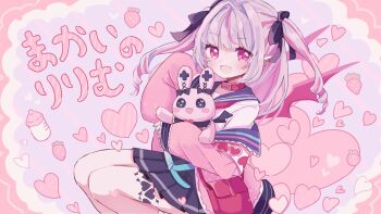 1girl aqua_belt armband baby_bottle bag belt belt_collar blue_ribbon blue_sailor_collar blue_skirt blush bottle character_name collar colored_inner_hair debitto_(makaino_ririmu) demon_wings drill_hair fang feet_out_of_frame food from_side fruit grey_hair hair_intakes hair_ribbon handbag heart heart_background highres hugging_doll hugging_object jacket karunabaru leg_tattoo legs_folded long_hair looking_at_viewer loose_belt makaino_ririmu makaino_ririmu_(4th_costume) miniskirt multicolored_hair neckerchief nijisanji off_shoulder open_clothes open_jacket open_mouth pink_background pink_hair pink_jacket pink_streaks pleated_skirt pointy_ears red_bag red_collar red_eyes red_neckerchief red_wings ribbon sailor_collar school_uniform serafuku shirt shoulder_bag sidelocks skirt sleeves_past_fingers sleeves_past_wrists smile solo strawberry streaked_hair stuffed_animal stuffed_rabbit stuffed_toy tattoo two-tone_hair two_side_up virtual_youtuber white_shirt winged_heart winged_heart_tattoo wings