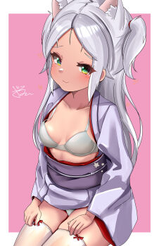 1girl :3 alternate_costume animal_ears azur_lane blush bra breasts cat_ears cat_girl commentary_request dedorudy green_eyes hands_on_another's_thighs highres japanese_clothes kimono long_hair open_clothes open_kimono panties purple_kimono sims_(azur_lane) sitting small_breasts solo thighhighs thighs underwear very_long_hair white_bra white_hair white_panties