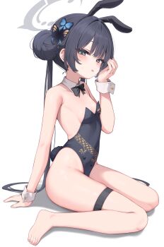 1girl absurdres animal_ears barefoot black_hair black_leotard bow breasts butterfly_hair_ornament detached_collar double_bun fake_animal_ears hair_bun hair_ornament halo highres kisaki_(blue_archive) leotard loli long_hair looking_at_viewer mannack playboy_bunny rabbit_ears rabbit_tail simple_background sitting small_breasts solo strapless strapless_leotard tail thigh_strap toes twintails white_background wrist_cuffs