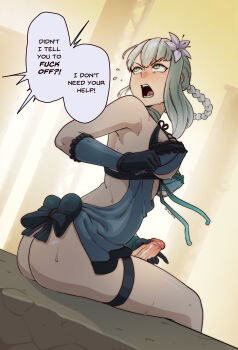 1futa absurdres ass bandaged_neck bandages black_gloves braid breasts english_text erection flower futanari futanari_masturbation gloves hair_flower hair_ornament highres kaine_(nier) large_breasts lingerie looking_back masturbation negligee nier nier_(series) open_mouth penis profanity silver_hair sitting solo speech_bubble sulcate teeth thigh_strap uncensored underwear