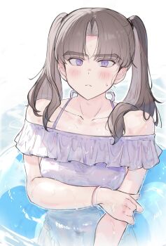 1boy absurdres ayase_ayato_(imamiya_pinoko) bare_shoulders blush bracelet brown_hair closed_mouth collarbone commentary_request crossdressing crossdressing_(mtf) highres imamiya_pinoko jewelry long_hair looking_at_viewer male_focus off-shoulder_one-piece_swimsuit off_shoulder one-piece_swimsuit original parted_bangs purple_eyes solo sweat swimsuit thick_eyebrows translation_request transparent_innertube trap twintails water white_one-piece_swimsuit