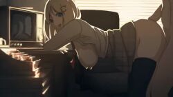 1boy 1girl against_table animated ass ass_grab bent_over black_thighhighs blonde_hair bouncing_ass bouncing_breasts breasts breasts_out clothed_female_nude_male clothed_sex clothes_lift cum cum_on_back cum_on_body cum_on_clothes cum_on_hair cum_on_upper_body doggystyle ejaculation facial hair_ornament hairpin hanging_breasts hetero hololive hololive_english indoors jiggle large_breasts looking_back nekololisama nipples nude penis sex sex_from_behind short_hair skirt skirt_lift sound source_request standing standing_sex thighhighs thighs uncensored video virtual_youtuber watson_amelia