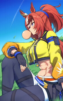 1girl abs animal_ears black_gloves black_pants blue_sky brown_hair bubble_gum_fellow_(popping!)_(umamusume) bubble_gum_fellow_(umamusume) chewing_gum commentary_request fingerless_gloves gloves harakomeshi highres horse_ears horse_girl jacket long_hair long_sleeves midriff multicolored_hair navel outdoors pants ponytail sky solo umamusume white_hair yellow_jacket