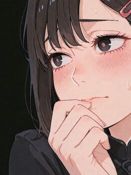 1girl black_background black_eyes black_hair black_suit blush chainsaw_man close-up formal_clothes hair_ornament hairclip hand_up higashiyama_kobeni looking_to_the_side nervous_sweating pink_lips portrait simple_background solo suit sweat