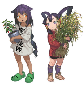 2girls bike_shorts braid clothes_writing commentary crocs crossover dark-skinned_female dark_skin fang full_body hair_flaps hair_rings hair_tubes highres holding holding_plant jahy jahy-sama_wa_kujikenai! japanese_clothes kimono leg_wrap long_hair long_sleeves looking_at_another low-braided_long_hair low-tied_long_hair mizura multiple_girls no_pants no_socks open_mouth orange_eyes plant purple_eyes purple_hair raised_eyebrow red_kimono rice_(plant) sakuna-hime shirt short_kimono simple_background soosaresu standing symbol-only_commentary t-shirt tensui_no_sakuna-hime voice_actor_connection waraji white_background