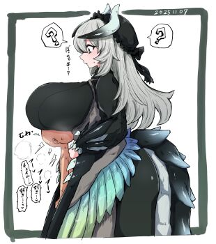 1boy 1girl absurdres age_difference alternate_breast_size_(larger) apron between_breasts blush breasts chamber_dragonmaid commentary_request dragon_girl dragon_horns dragon_tail duel_monster gigantic_breasts green_horns grey_hair head_between_breasts hetero highres horns lace-trimmed_apron lace_trim long_hair onee-shota shota tail tkool_man translation_request white_background yu-gi-oh!