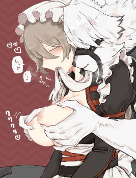 1boy 1girl 4koma alexandrina_sebastiane areola_slip breasts brown_hair comic couple furry furry_male furry_with_non-furry groping_breast highres interspecies large_breasts long_hair nightgown rubbing_nipples short_hair simple_background victoria_housekeeping_co._(zenless_zone_zero) von_lycaon wardrobe_malfunction white_hair wodon_(neotidon) zenless_zone_zero