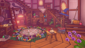 absurdly_detailed_composition absurdres apple blender_(medium) blue_flower book book_stack broom cactus candle chair cheese commentary english_commentary flower flower_request food fruit frying_pan goorolina_pumpkin hat highres indie_virtual_youtuber indoors jakebowkett letter loaded_interior mortar_(bowl) mushroom no_humans paper pentagram photoshop_(medium) pink_flower pitcher_(container) plant pumpkin purple_flower red_flower scenery scroll stairs stool stove summoning swiss_cheese treasure_chest tulip vial weighing_scale window witch_hat