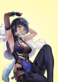 1girl absurdres arecus arm_up armpit_crease armpits black_gloves black_thighhighs blue_dress bob_cut bracelet breasts cleavage diagonal_bangs dice dress earrings elbow_gloves feather-trimmed_jacket genshin_impact gloves green_eyes highres invisible_chair jacket jacket_on_shoulders jewelry knee_up large_breasts light_smile looking_at_viewer multicolored_hair neck_tassel parted_lips shirt short_hair single_elbow_glove sitting sleeveless sleeveless_shirt solo tassel thighhighs two-tone_hair vision_(genshin_impact) white_jacket yelan_(genshin_impact)