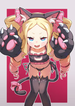 1girl :d animal_ear_hairband animal_ear_legwear animal_ears animal_hands beatrice_(re:zero) black_thighhighs blue_eyes blush bow cat_ear_hairband cat_ear_legwear cat_ear_panties cat_ears clothing_cutout cross-shaped_pupils drill_hair fake_animal_ears fake_tail fang frilled_bow frills gloves hair_bow hairband highres kinn_(kinn70133) loli open_mouth panties paw_gloves pink_pupils pink_ribbon re:zero_kara_hajimeru_isekai_seikatsu ribbon side-tie_panties simple_background skin_fang smile solo sweat symbol-shaped_pupils tail thighhighs twin_drills underwear