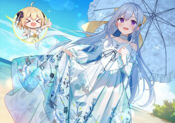 &gt;_&lt; 2girls :d ahoge anisphia_wynn_palettia bare_shoulders beach black_choker black_ribbon blonde_hair blue_hair blue_sky blush bow braid breasts bush chibi chibi_inset choker cleavage closed_eyes cloud collarbone commentary_request day detached_sleeves double-parted_bangs dutch_angle euphyllia_magenta feet_out_of_frame floating_hair floral_print frilled_choker frilled_one-piece_swimsuit frilled_sleeves frilled_umbrella frills hair_bow hand_up highres holding holding_umbrella horizon jacket kisaragi_yuri lens_flare light_particles long_hair long_skirt long_sleeves looking_at_viewer multiple_girls multiple_hair_bows ocean official_art one-piece_swimsuit open_clothes open_jacket open_mouth outdoors outstretched_arm parasol purple_eyes ribbon sand see-through_clothes see-through_skirt see-through_sleeves shore short_hair short_sleeves side_braid sidelocks single_braid skirt skirt_hold sky small_breasts smile spaghetti_strap sparkle standing striped_bow sunlight swimsuit tensei_oujo_to_tensai_reijou_no_mahou_kakumei thigh_gap thumbs_up two_side_up umbrella very_long_hair water white_choker white_jacket white_one-piece_swimsuit white_skirt white_sleeves white_umbrella yellow_bow