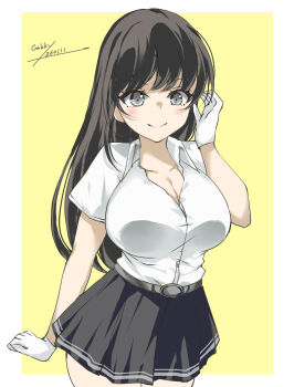 1girl black_hair black_skirt breasts brown_eyes cleavage collared_shirt commentary_request dated dress_shirt gakky gloves hayashio_(kancolle) highres kantai_collection large_breasts long_hair mole mole_under_eye one-hour_drawing_challenge partially_open_shirt pleated_skirt shirt signature skirt solo swept_bangs white_gloves white_shirt yellow_background
