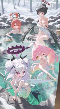 4girls absurdres ahoge black_hair black_halo blue_archive blush breasts demon_girl demon_horns demon_wings halo highres hina_(blue_archive) horns hoshino_(blue_archive) long_hair low_wings medium_hair multiple_girls neru_(blue_archive) onsen pink_hair purple_eyes red_eyes red_hair sitting small_breasts snow tsurugi_(blue_archive) u.rang very_long_hair white_hair wings winter
