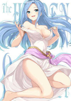 1girl absurdres bare_legs bare_shoulders barefoot blue_eyes blue_hair braid breasts dress highres kneeling large_breasts long_hair looking_at_viewer no_bra official_art olivia_(ore_dake_haireru_kakushi_dungeon) open_mouth ore_dake_haireru_kakushi_dungeon parted_bangs simple_background smile solo undressing waistband white_background white_dress
