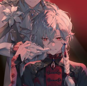 Rule 34 | 2boys, ascot, braid, commentary request, earrings, eq5cfo, finger in another's mouth, frilled sleeves, frills, gloves, hair between eyes, jewelry, kanae (16th costume) (nijisanji), kanae (nijisanji), kuzuha (15th costume) (nijisanji), kuzuha (nijisanji), long hair, male focus, multiple boys, nijisanji, official alternate costume, pointy ears, red eyes, ring, single braid, smile, tassel, tassel earrings, teeth, virtual youtuber, white ascot, white gloves, white hair, white lily