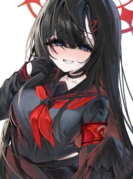 1girl :d armband black_choker black_eyes black_gloves black_hair black_serafuku black_wings blue_archive blush choker closed_eyes commentary_request feathered_wings gloves hair_between_eyes hair_ornament hair_over_one_eye hairclip half-closed_eyes halo hand_in_own_hair highres ichigo_moka ichika_(blue_archive) low_wings neckerchief open_mouth parallel_hairclips red_armband red_halo red_neckerchief school_uniform serafuku smile solo upper_body white_background wings