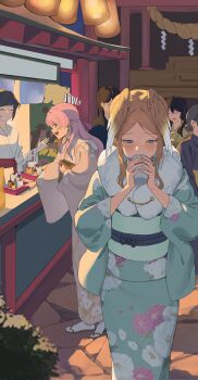 Rule 34 | 6+girls, absurdres, artist request, bang dream!, bang dream! it's mygo!!!!!, black hair, blue eyes, brown hair, chihaya anon, chinese commentary, commentary request, commission, cup, floral print, floral print kimono, half updo, head wings, highres, holding, holding cup, japanese clothes, kimono, long hair, multiple girls, nagasaki soyo, open mouth, pink hair, print kimono, second-party source, shide, wings