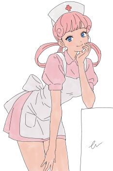 1girl apron blue_eyes blush breasts closed_mouth dress hair_rings hat highres joy_(pokemon) long_hair looking_at_viewer nintendo nurse nurse_cap pink_dress pink_hair pokemon pokemon_(anime) pokemon_(classic_anime) short_sleeves simple_background smile ten268 white_apron white_background