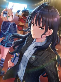 3girls absurdres animal_ears artist_request belt belt_buckle bitter_glasse_(umamusume) black_belt black_boots black_hair black_hood black_jacket black_pants black_socks blazer blonde_hair blue_belt blue_bow blue_choker blue_hoodie blue_ribbon blue_socks blunt_bangs bob_cut bookmark boots bow brown_hair buckle buttons chest_belt choker clenched_hand closed_mouth collared_jacket collared_shirt cowboy_shot cropped_jacket cross_pin dark-skinned_female dark_skin day dress_shirt earrings expressionless fingernails frilled_hoodie full_body game_cg glint gloves gold_buckle gold_earrings green_eyes grey_eyes hair_bow hair_ribbon hand_on_own_chest highres holding_binder hood hood_down hooded_jacket hoodie horse_ears horse_girl horse_tail indoors jacket jewelry kashimoto_riko kneehighs lapels lens_flare lipstick little_cocon_(umamusume) long_hair long_sleeves looking_at_viewer loose_hair_strand makeup messy_hair midriff multicolored_hair multiple_belts multiple_girls notched_lapels o-ring o-ring_belt official_art open_clothes open_jacket pants paper pink_lips pinstripe_jacket pinstripe_pattern pointy_nose puffy_long_sleeves puffy_sleeves red_gloves red_jacket red_shorts ribbon shirt shoe_belt shorts sidelocks single_stripe sleeveless sleeveless_jacket sleeves_past_wrists smile socks streaked_hair striped_bow striped_clothes striped_socks tail tsurime tunnel two-tone_socks umamusume wavy_hair white_shirt