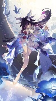 Rule 34 | 1girl, barefoot, closed eyes, columbina (genshin impact), genshin impact, head wings, merah drow, moon, reflection, reflective liquid, solo, wings