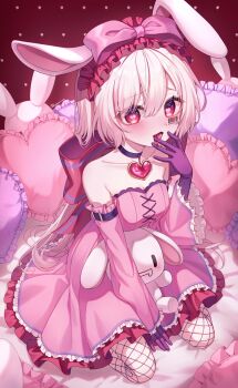 1girl absurdres animal_ears barcode barcode_tattoo breasts dress fishnet_thighhighs fishnets genderswap genderswap_(mtf) gloves heart heart-shaped_pillow heart_in_eye highres indie_utaite long_hair mafumafu open_mouth pillow pink_dress purple_gloves rabbit_ears red_eyes sarin_(seoling) sleeveless sleeveless_dress smile solo stuffed_animal stuffed_rabbit stuffed_toy symbol_in_eye tattoo thighhighs utaite white_hair