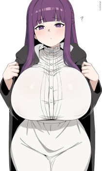 1girl ? absurdres alternate_breast_size_(larger) arched_bangs artist_name black_coat blush breasts choppy_bangs coat commentary cowboy_shot dress english_commentary fern_(sousou_no_frieren) frilled_dress frills glooz_art half_updo highres hood huge_breasts light_frown long_hair long_sidelocks looking_at_viewer motion_lines open_clothes open_coat purple_eyes purple_hair raised_inner_eyebrows see-through_clothes see-through_dress shiny_skin sidelocks simple_background solo sousou_no_frieren sweat white_background white_dress wide_sleeves