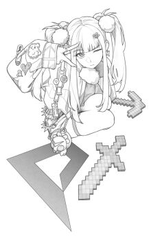 1girl absurdres blunt_bangs closed_mouth company_logo greyscale gyaru_v hair_ornament hand_up heart heart_hair_ornament highres jacket minecraft_sword monochrome one_eye_closed original pom_pom_(clothes) pom_pom_hair_ornament short_shorts shorts sidelocks sitting solo sowasi sword thigh_strap two_side_up v weapon white_background yokozuwari