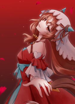 Rule 34 | 1girl, animal ears, bare shoulders, bow, breasts, brown hair, commentary request, detached sleeves, dress, ear covers, ear ribbon, hair between eyes, highres, horse ears, horse girl, horse tail, long hair, looking at viewer, parted lips, petals, red background, red dress, red eyes, ribbon, small breasts, smile, solo, still in love (scarlet vow raiment) (umamusume), still in love (umamusume), tail, take20131004, umamusume, veil, white streaks, white veil