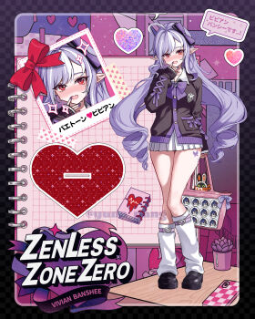 1girl absurdres ahoge alternate_costume bag belle_(zenless_zone_zero) black_nails black_shoes blush bow collared_shirt commentary_request full_body heart-shaped_bag highres holding holding_bag itabag long_hair long_sleeves looking_at_viewer multicolored_hair open_mouth oshi-katsu pointy_ears purple_bow purple_hair red_eyes school_uniform shirt shoes simple_background socks standing streaked_hair thighs very_long_hair vivian_banshee white_background white_hair white_shirt white_socks yuna_(deadawon) zenless_zone_zero