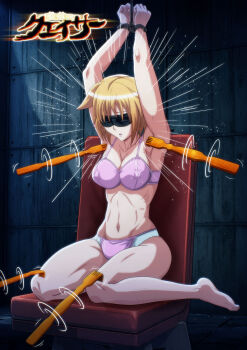 1girl arms_up backscratcher bdsm bikini blindfold blonde_hair bondage bound bound_wrists covered_erect_nipples female_focus highres panties pink_panties poking restrained seikon_no_qwaser short_hair solo swimsuit teresa_beria tickle_torture tickling tickling_armpits tickling_legs underwear underwear_only