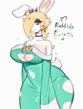 1girl black_choker blonde_hair blue_dress blue_eyes bored breasts choker cleavage cleavage_cutout clothing_cutout crown curvy dress earrings eyeshadow furry furry_female heart_cutout huge_breasts jewelry long_hair looking_at_viewer makeup mario_(series) mario_+_rabbids_sparks_of_hope navel_cutout nintendo one_eye_covered rabbid rabbid_rosalina rabbit_ears rabbit_girl rabbit_tail raving_rabbids rosalina thick_thighs thighs togetoge torn_clothes wide_hips