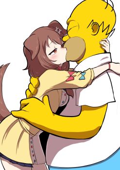 1girl absurdres animal_ears art_style_clash bone_hair_ornament brown_eyes brown_hair chromodomo crossover dog_ears dog_girl dog_tail hair_ornament highres hololive homer_simpson inugami_korone inugami_korone_(1st_costume) kiss shirt simple_background tail the_simpsons virtual_youtuber what white_background white_shirt